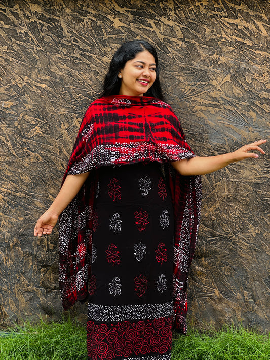 Back by popular demand – our black and red unstitched salwar set in beautiful batik print- A1224