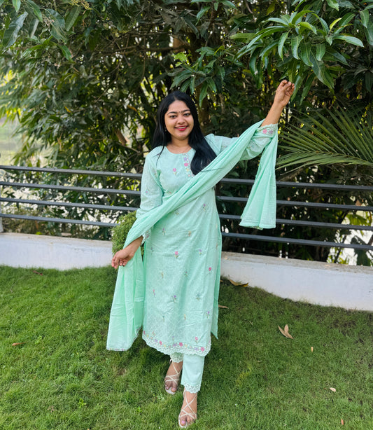 Premium Mul Mul Cotton 3 Piece ( Mint Green )