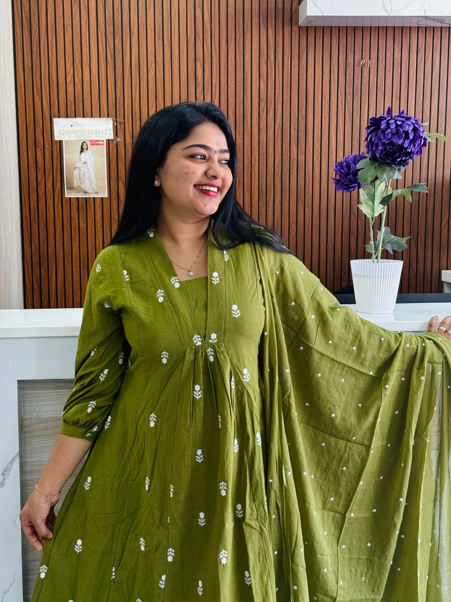 Pure cotton 3 piece salwar set Olive green & Orange A1735