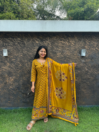 Classic Mustard Yellow Anarkali 3 piece Pure Cotton Salwar Set - A1333