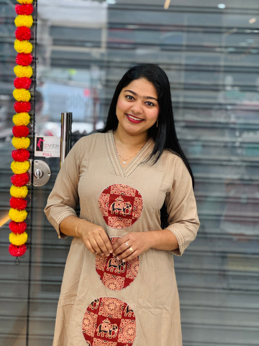 Beige Khadi Cotton Cord Set with Ajrak Detailing