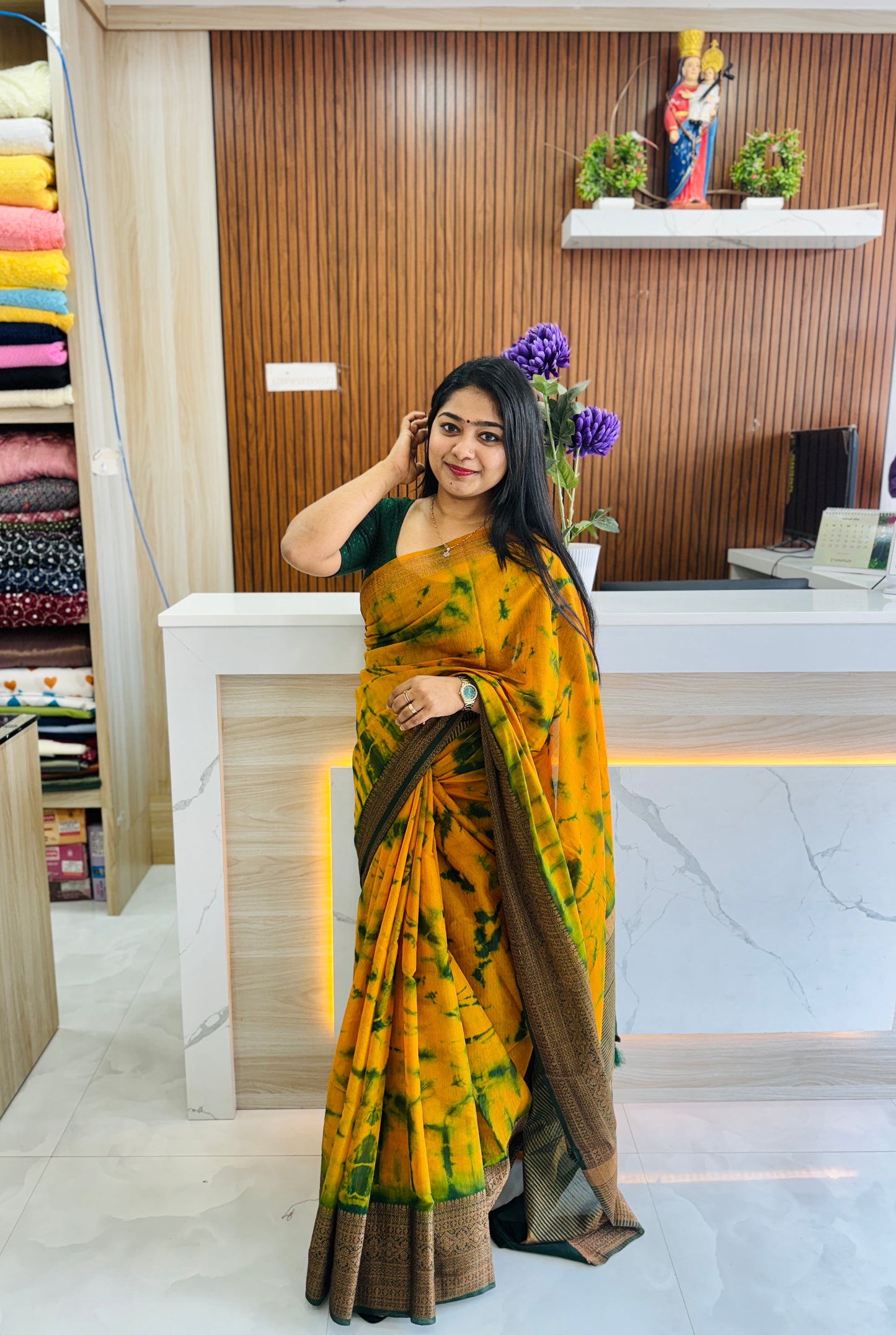 Premium Chanderi Silk Saree (mustard yellow&green )  ✨A1666