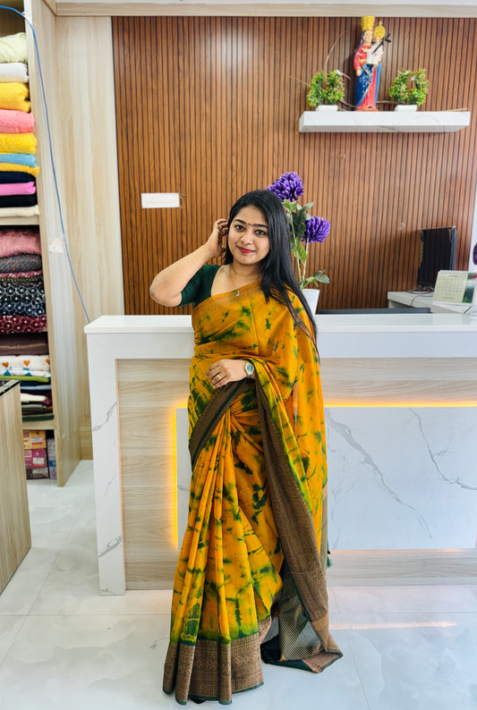 Premium Chanderi Silk Saree (mustard yellow&green )  ✨A1666