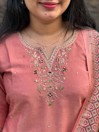 Royal Jute cotton -3 Piece Salwar Suit with intricate thread work and Chanderi Silk Duppatta -A1340