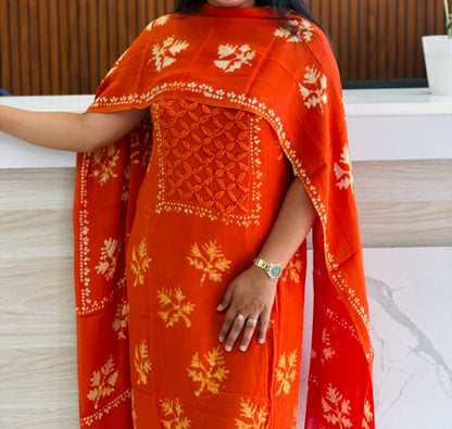 Orange | Batik Print | Georgette Fabric | Premium Unstitched Churidar Material A1754