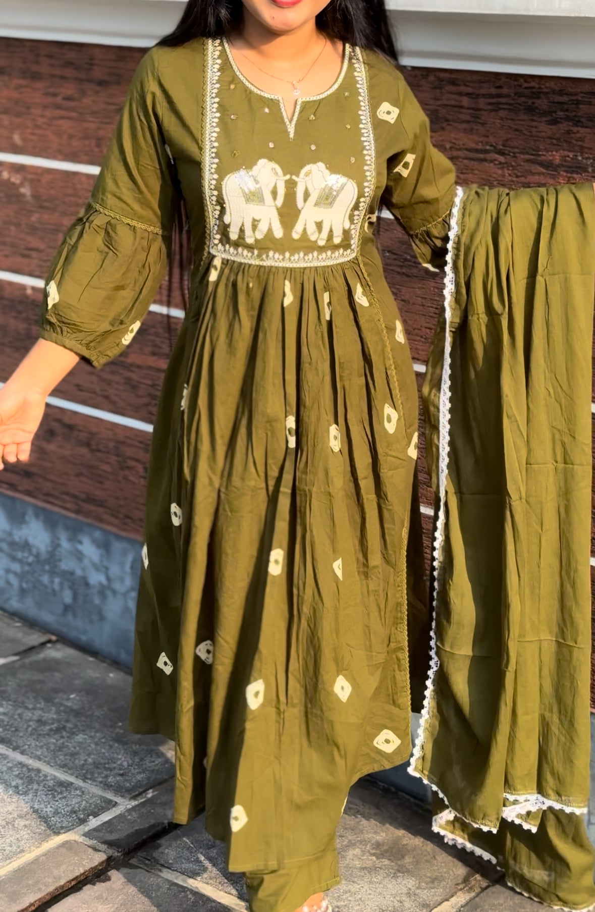 Elegant Olive Green and Maroon 3 piece Set