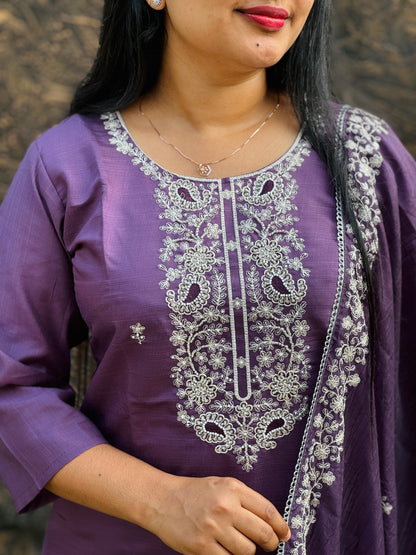 Handcrafted Soft Silk Salwar Set in Lavender & Olive Green - A1364