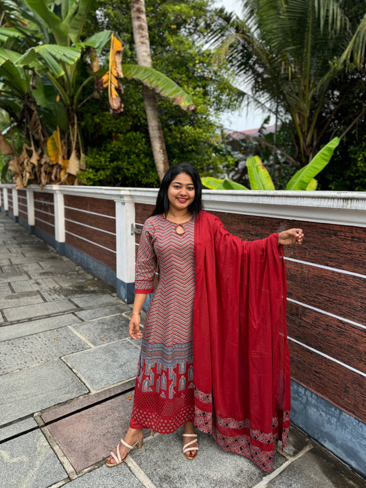 Ajrakh inspired Zig zag cotton 3 Piece Anarkali Set with Hakoba Edge- A1328