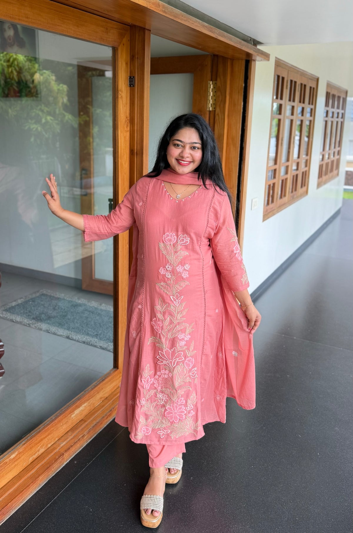 Peach Mul Cotton Embroidered 3-Piece Set A2043