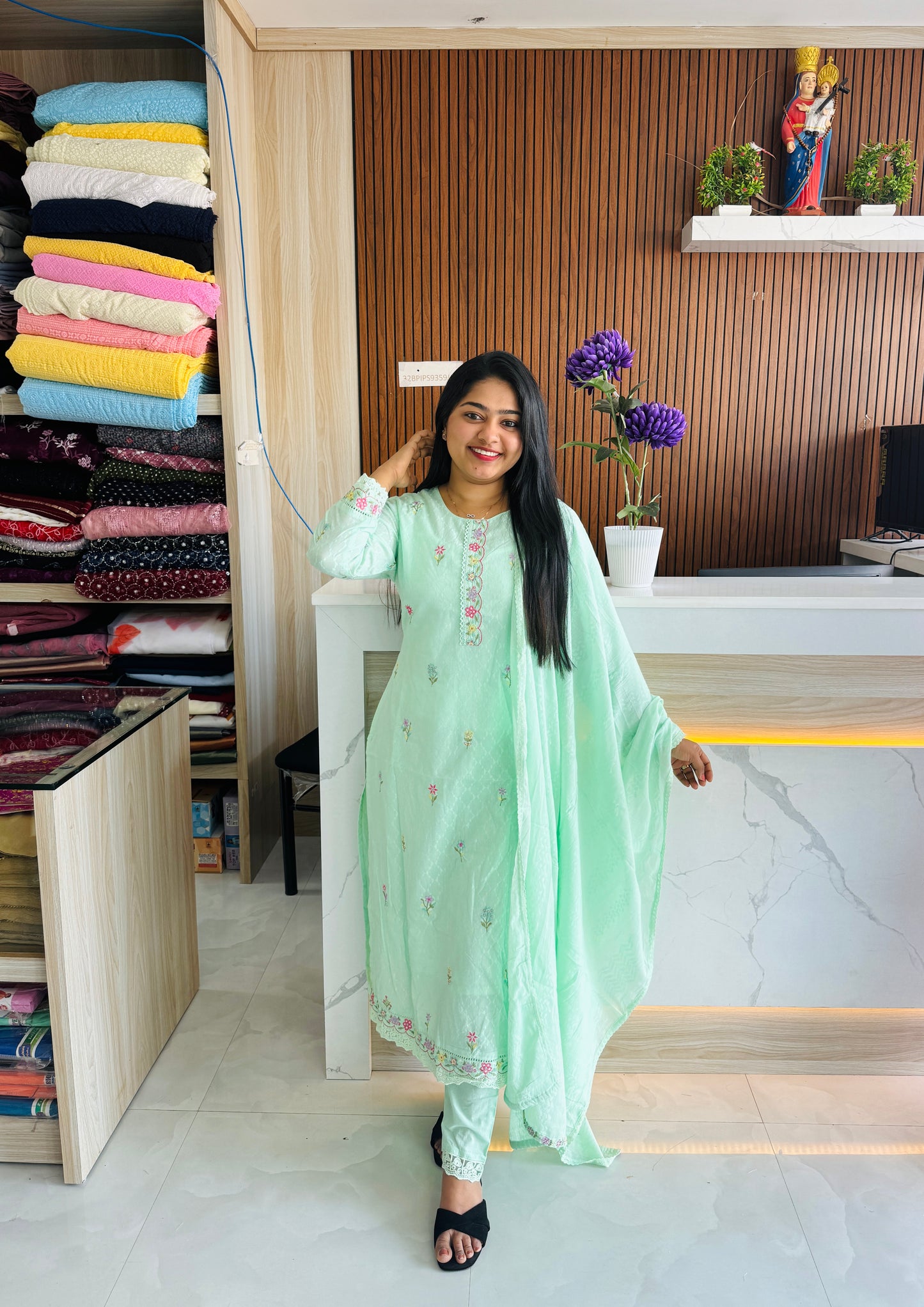 Premium Mul Mul Cotton 3 Piece ( Mint Green & Yellow ) A1662