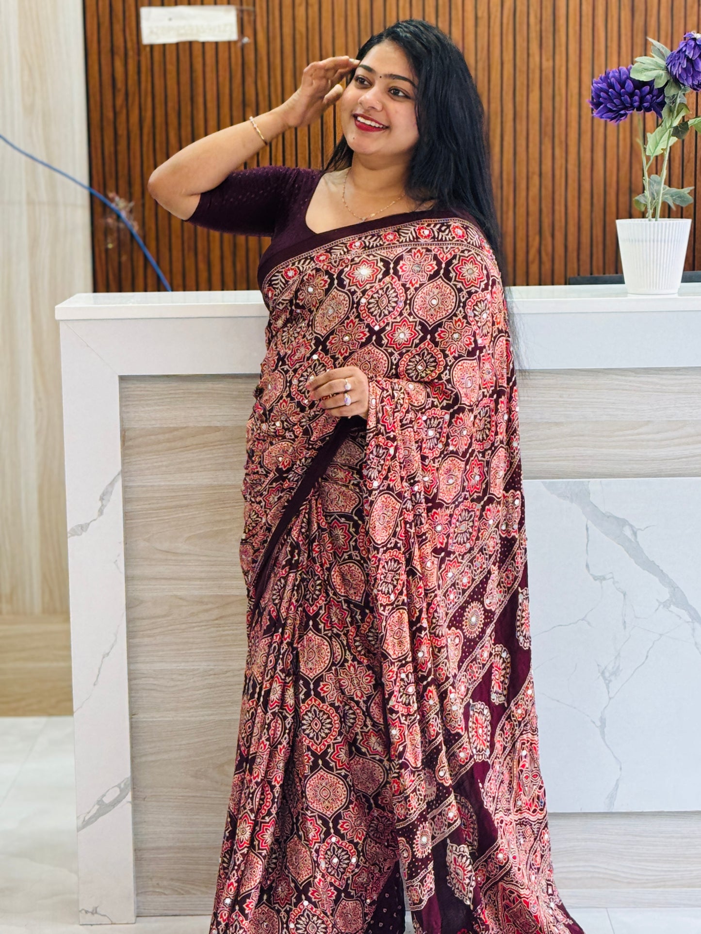 Premium Maroon Ajrak Mirror Work Saree♥️ A1924