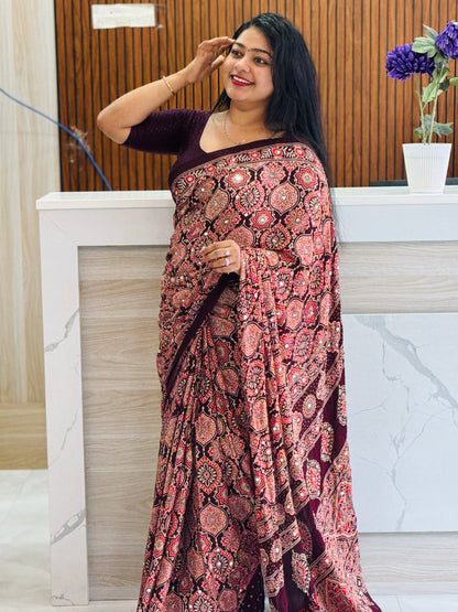Premium Maroon Ajrak Mirror Work Saree♥️ A1924