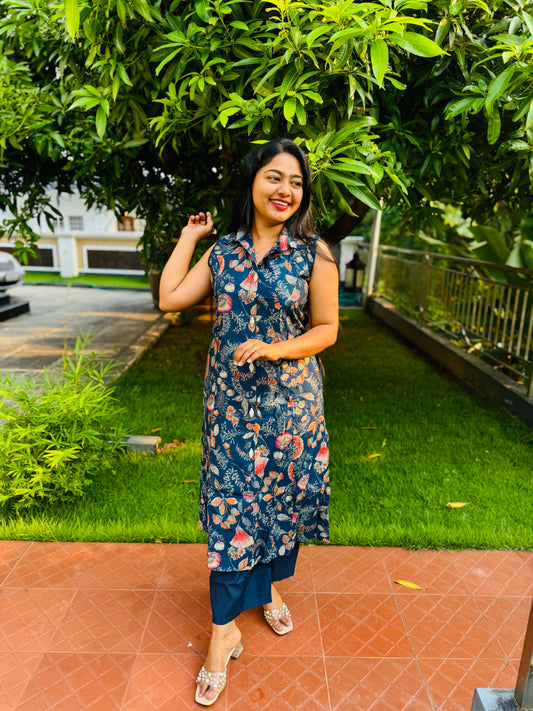 Blue Floral printed 2 piece Cotton Co-ord Set-A1308