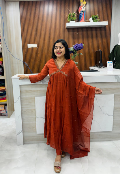Brick Orange Premium 3-Ps Chanderi Silk Set A1971
