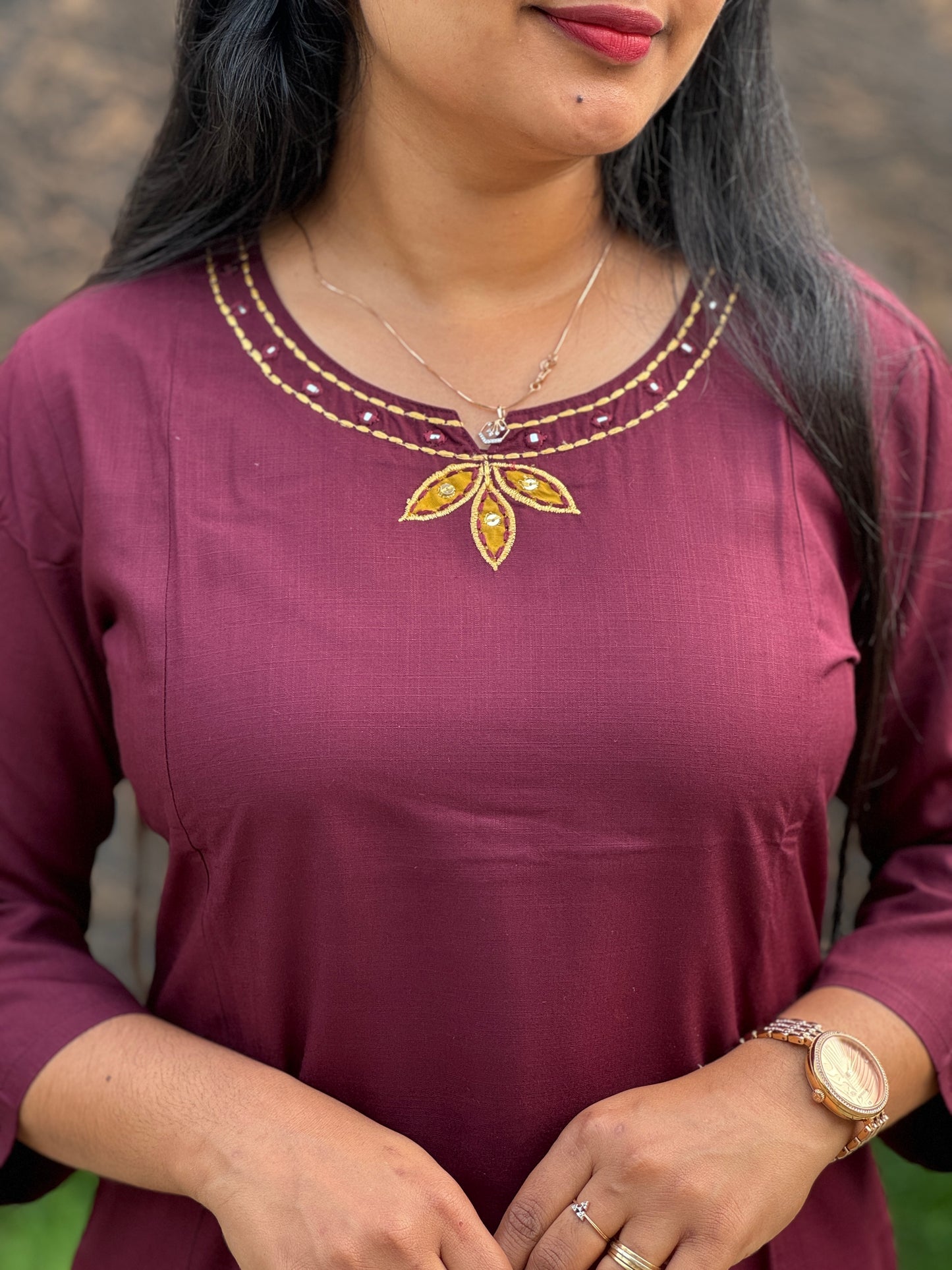 Elegant Wine Semi-Modal Silk Kurti – Applique & Kantha Work - A1385