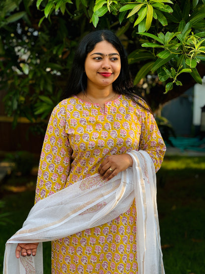 Cotton Handblock 3-Piece Salwar Set – Yellow & White - A1375