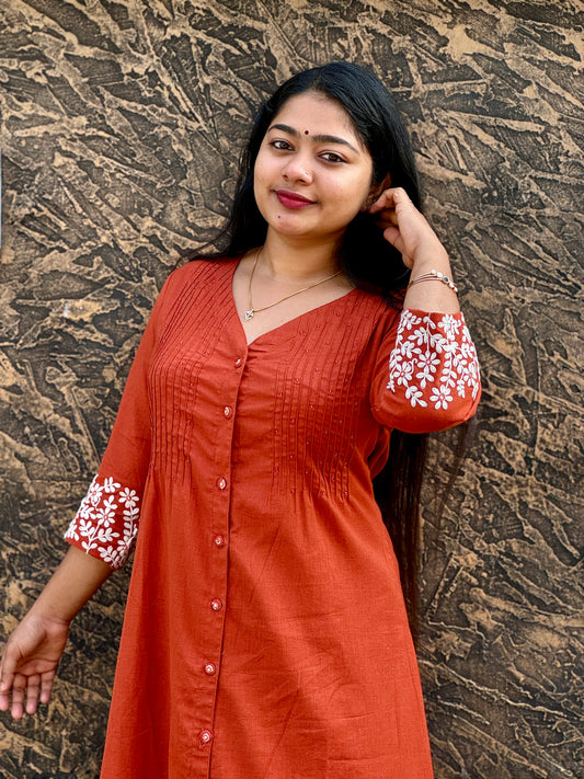Elegant Brick Red Khadi Cotton Cord Set with Intricate Thread Work - A1396