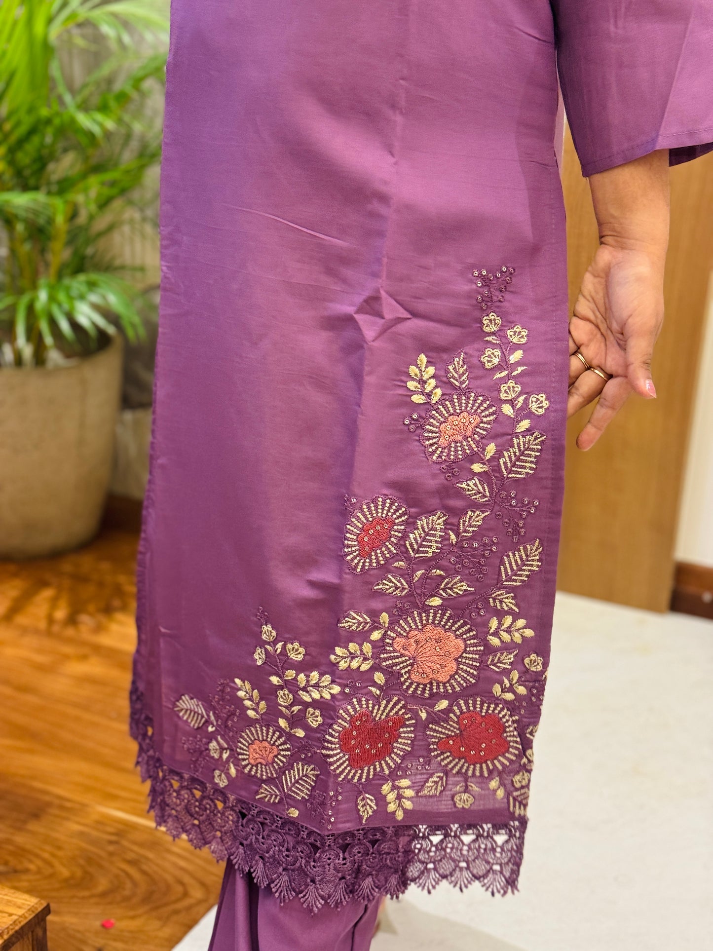 Purple & Green Chanderi Silk 3-Piece Set A1943