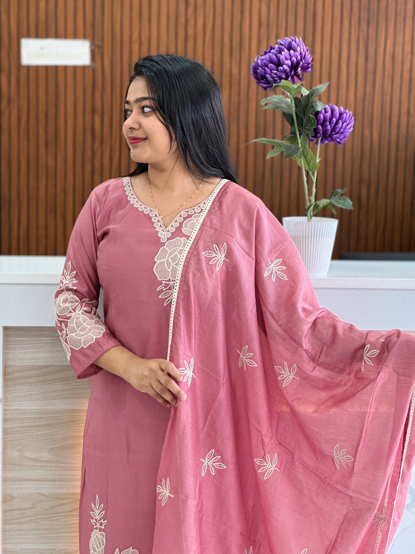 Onion pink 3-piece set in premium Chanderi silk  A1727