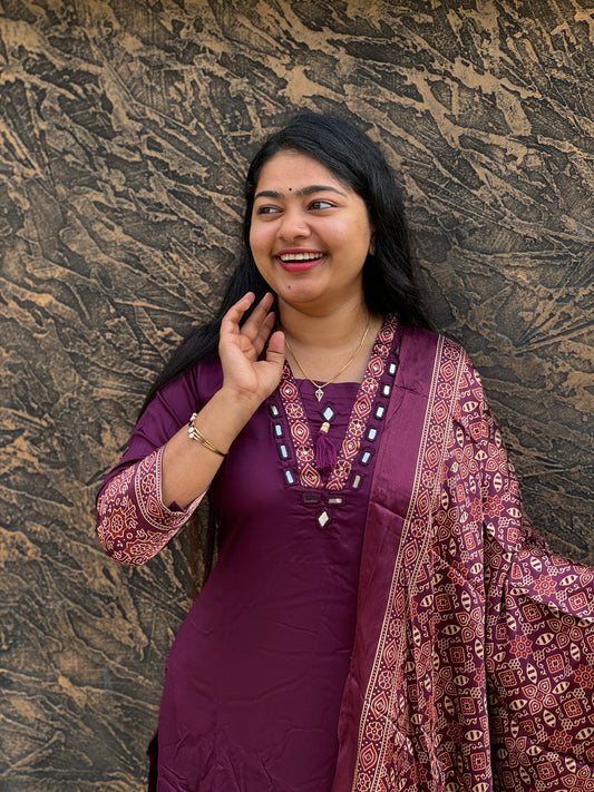 Modal Silk Churidar With Ajrakk print Dupatta - A1404