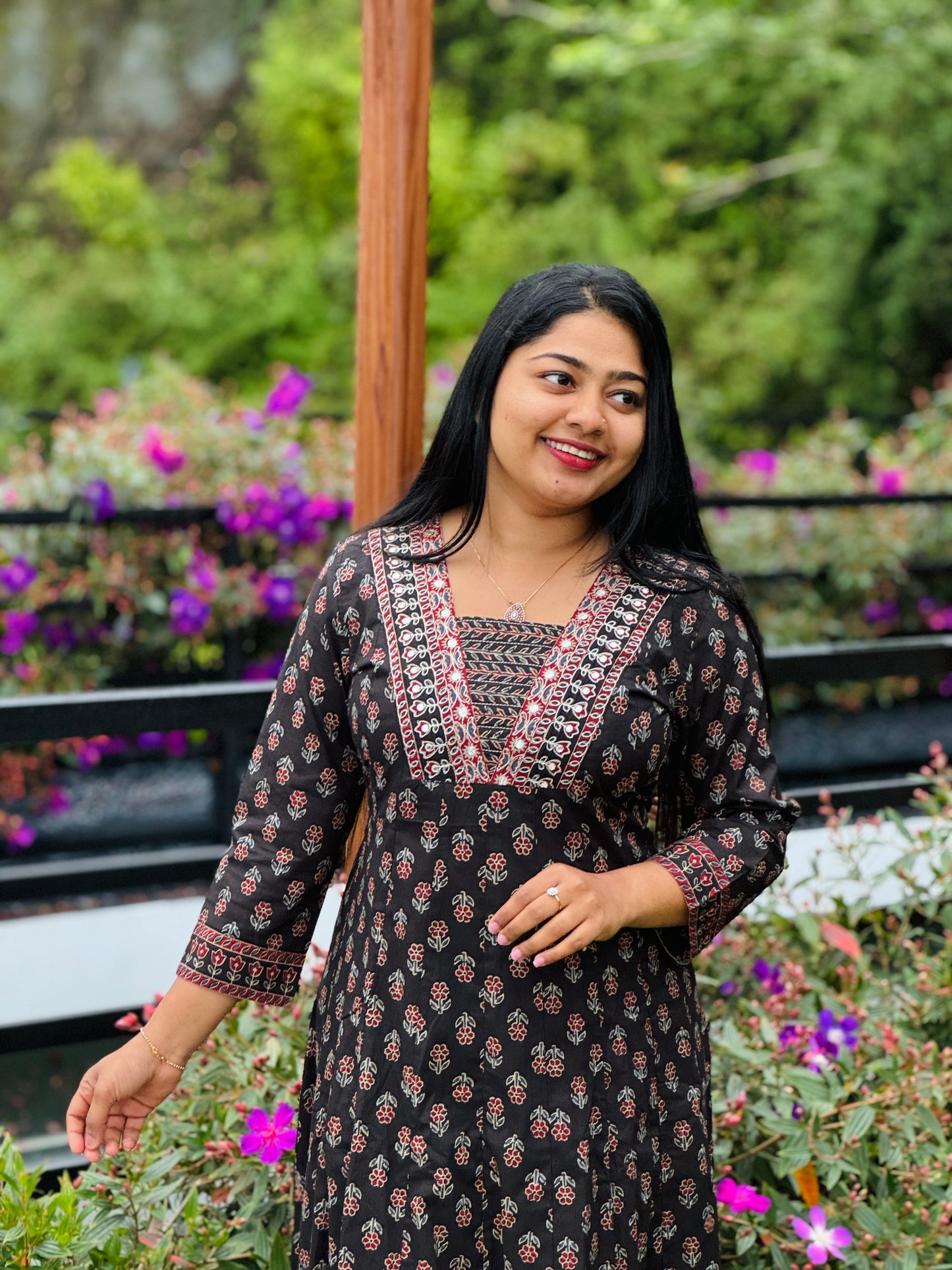 Black with floral print Cotton Anarkali 3 piece Salwar Set A- 1568