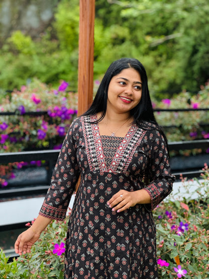 Black with floral print Cotton Anarkali 3 piece Salwar Set A- 1568