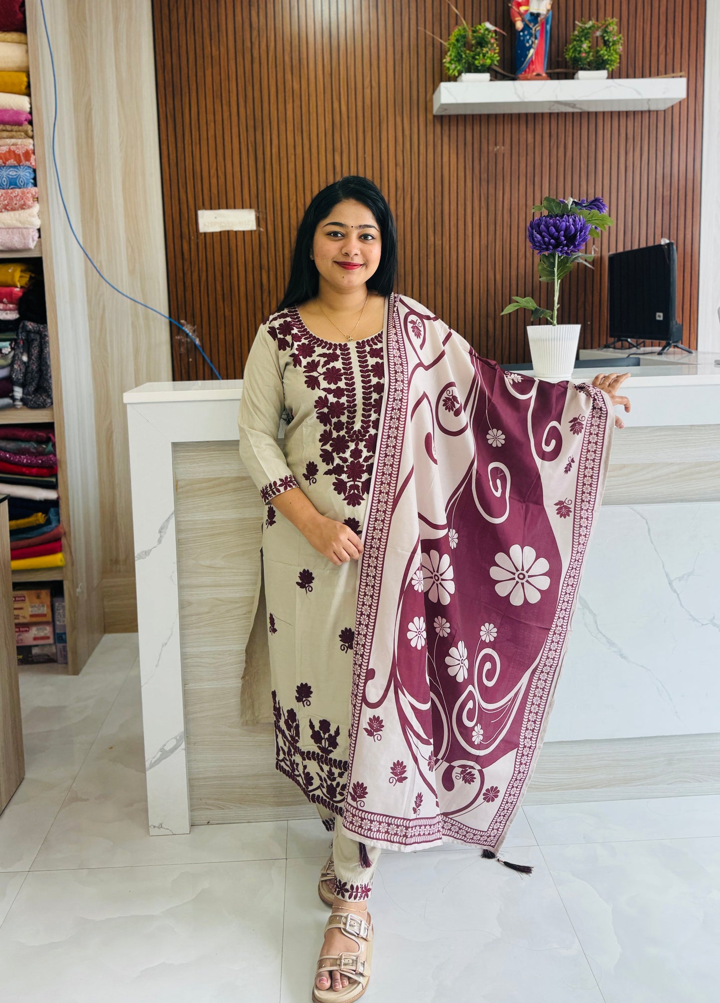 Beige & Wine Combo Chikankari 3ps set A1936