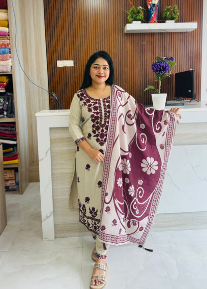 Beige & Wine Combo Chikankari 3ps set A1936