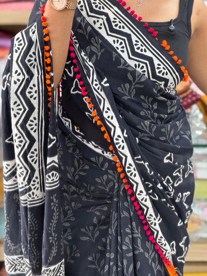 Black Soft Cotton Saree-A1345