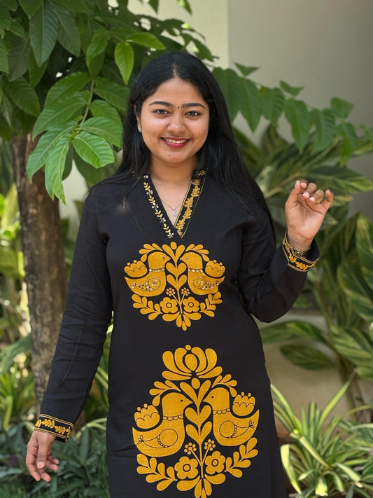 Elegant Black 2 piece Cotton Co-ord Set with digital print and striped bottom -A1307