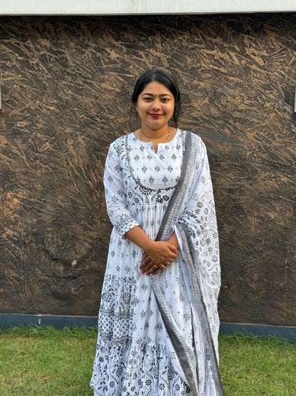 White Cotton Anarkali 3 piece Salwar Set - A1038