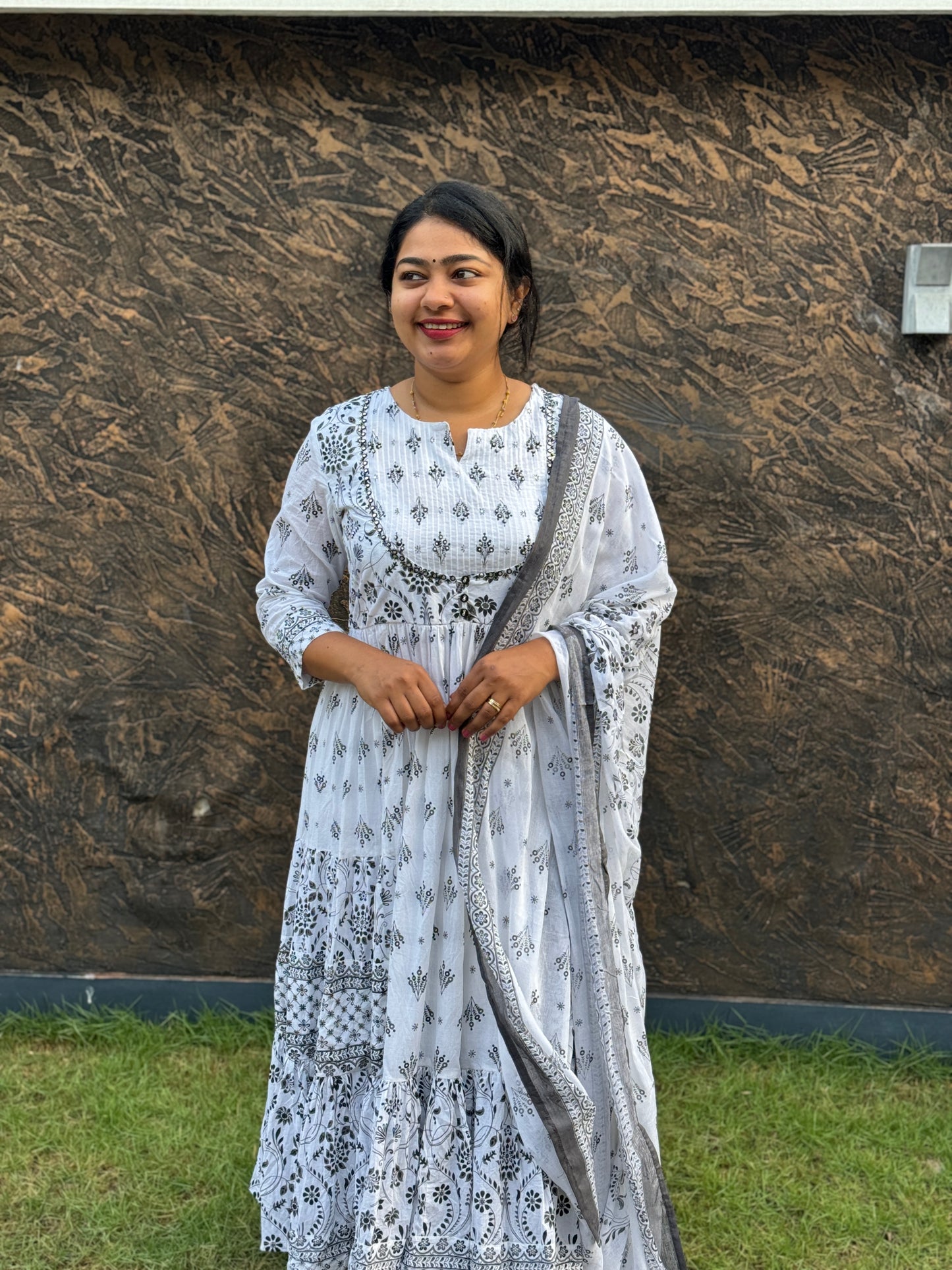 White Cotton Anarkali 3 piece Salwar Set - A1038