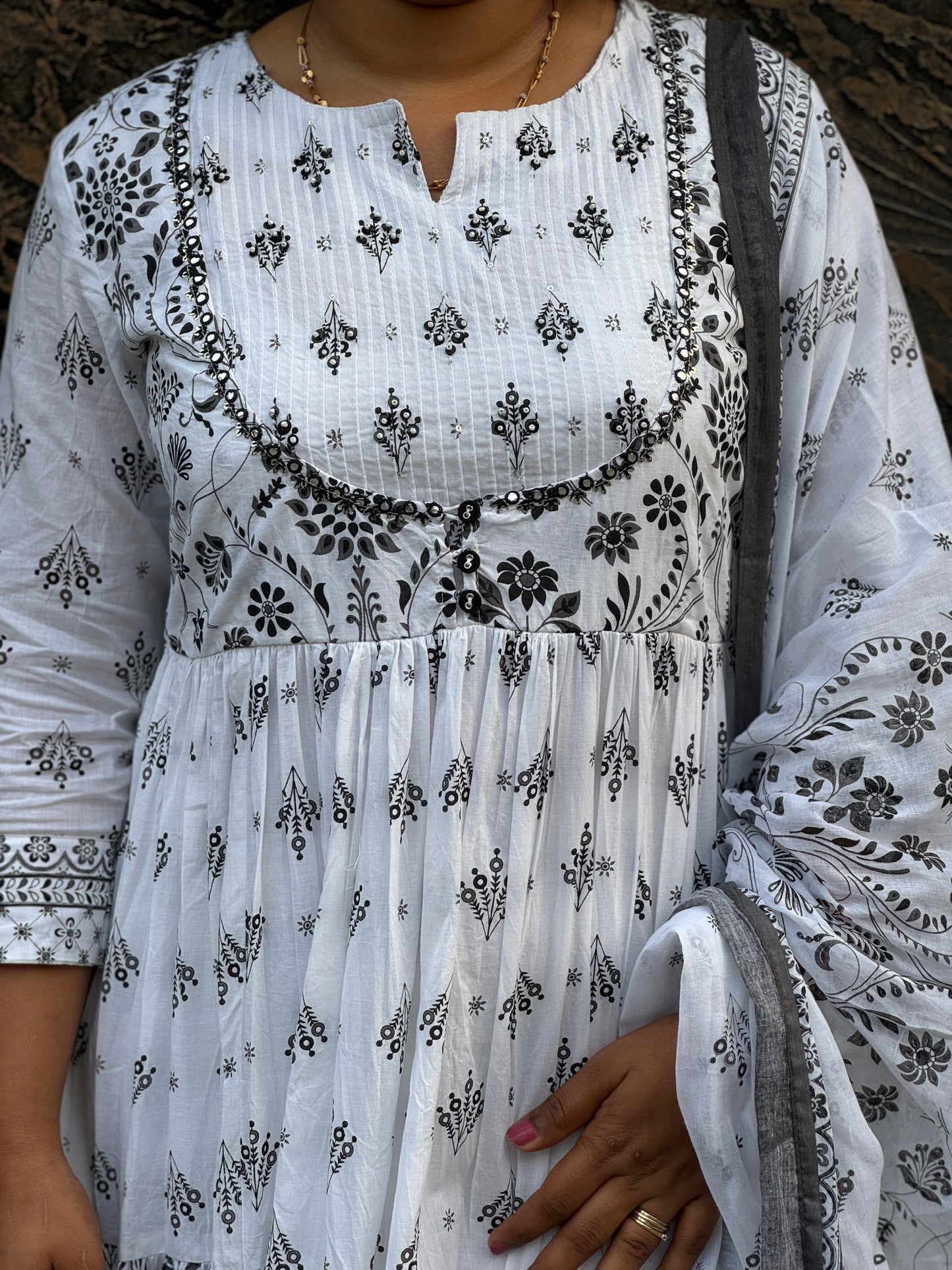 White Cotton Anarkali 3 piece Salwar Set - A1038
