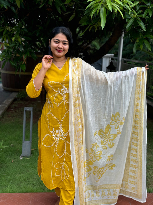 Yellow Pure Cotton 3 Piece Salwar Suit - A1040