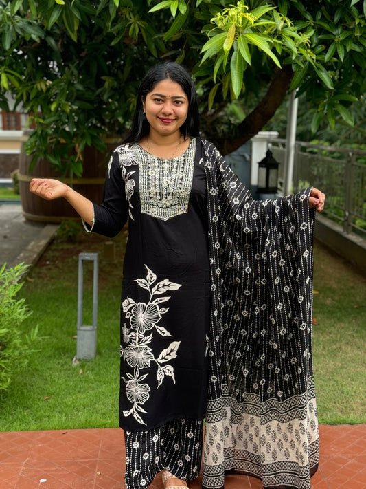 Black and white Pure Cotton 3 Piece Salwar Suit - A1036