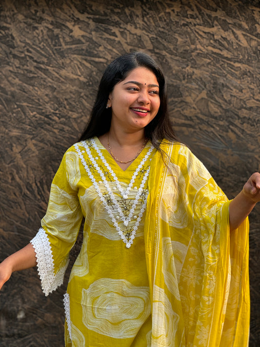 Vibrant yellow Pure Cotton 3-piece Salwar set- A1032