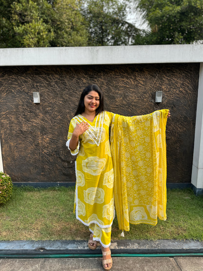Vibrant yellow Pure Cotton 3-piece Salwar set- A1032