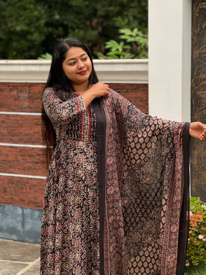 Brown with floral print soft Cotton Anarkali Salwar Set - A1028