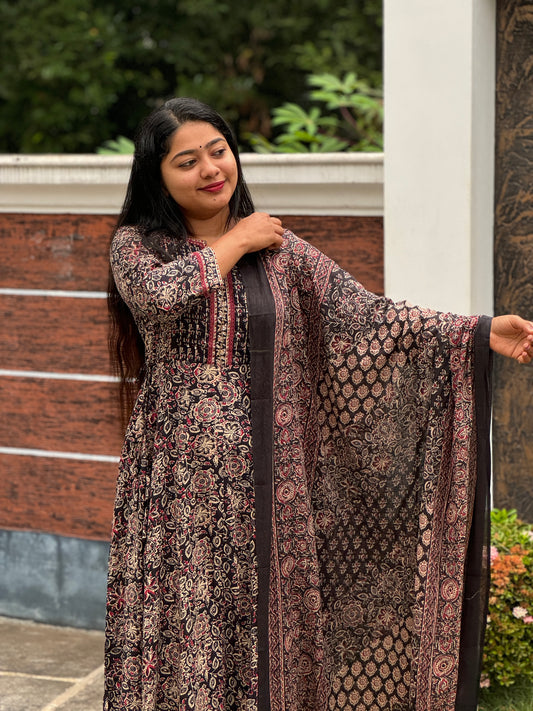 Brown with floral print soft Cotton Anarkali Salwar Set - A1028