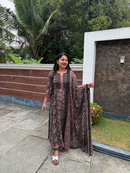 Brown with floral print soft Cotton Anarkali Salwar Set - A1028