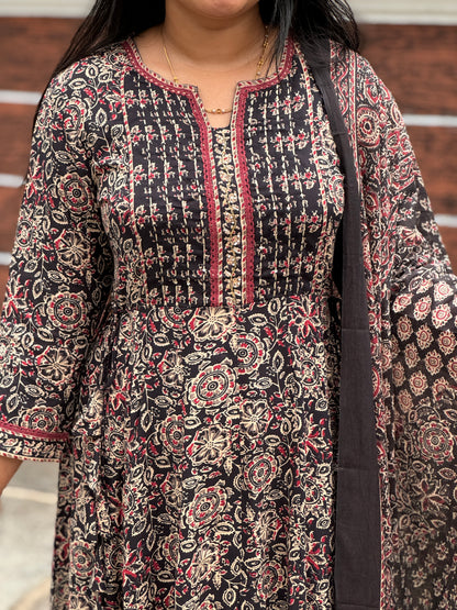 Brown with floral print soft Cotton Anarkali Salwar Set - A1028