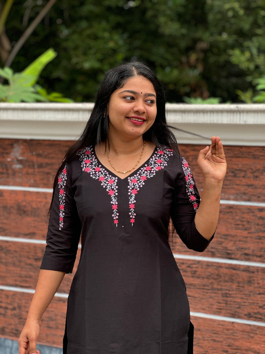 Black Slub Silk Kurta Top- A1029