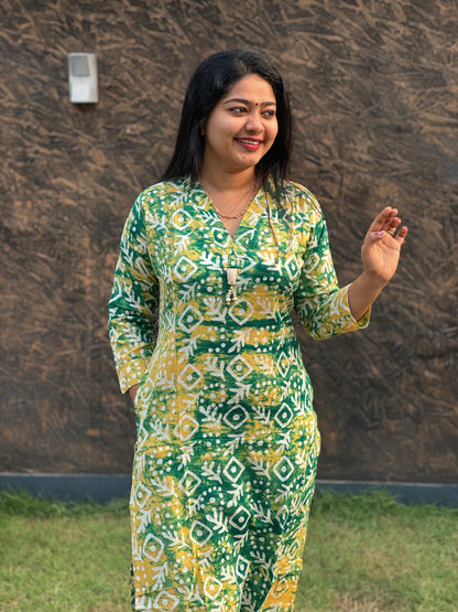 Green and Yellow Floral Cotton Kurta Top  - A1025