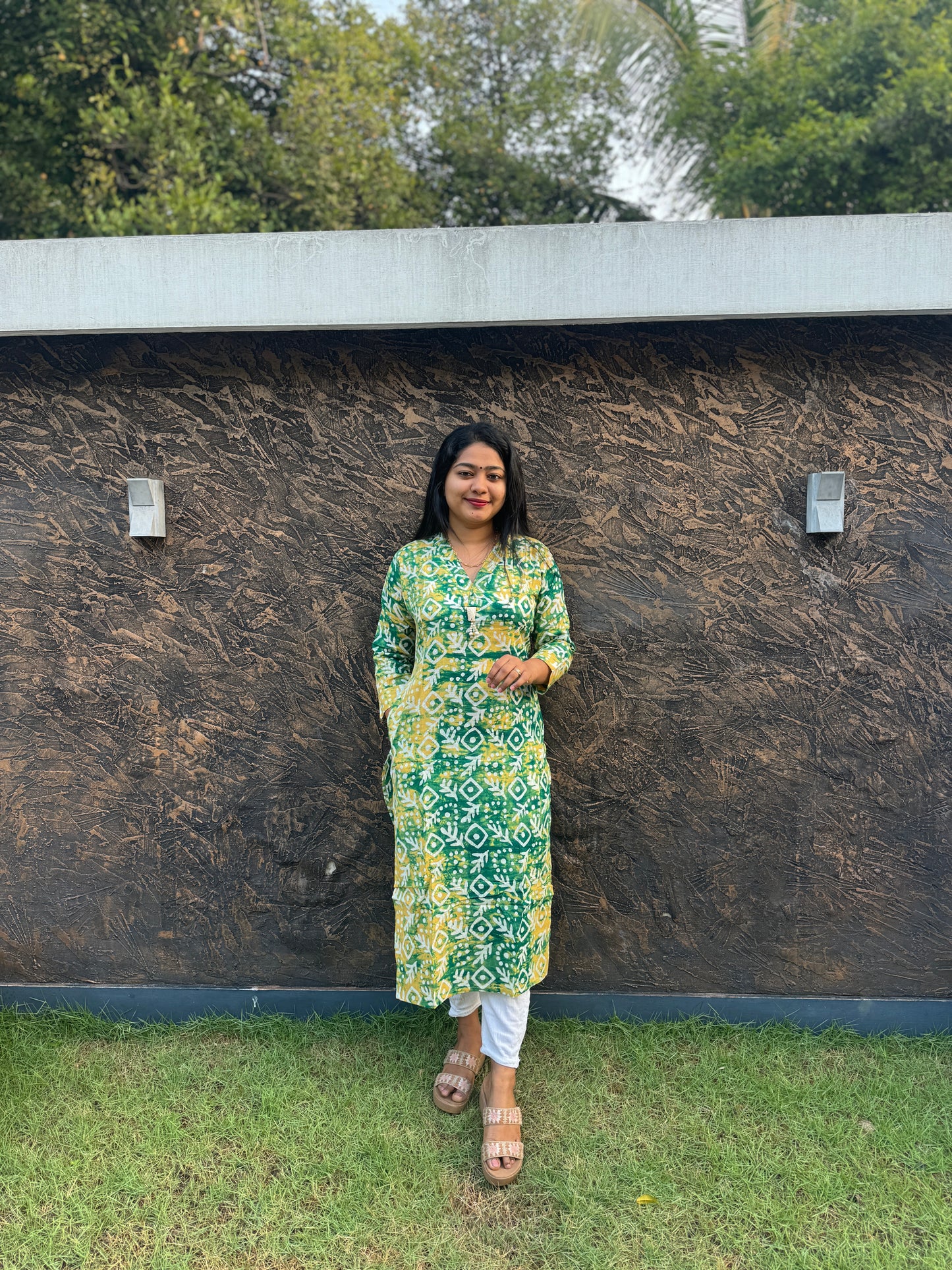 Green and Yellow Floral Cotton Kurta Top  - A1025