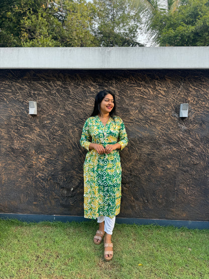 Green and Yellow Floral Cotton Kurta Top  - A1025