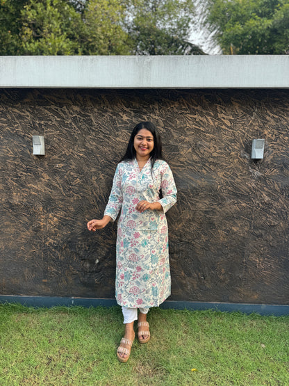 White Floral Khadi Cotton Kurta Top- A1024