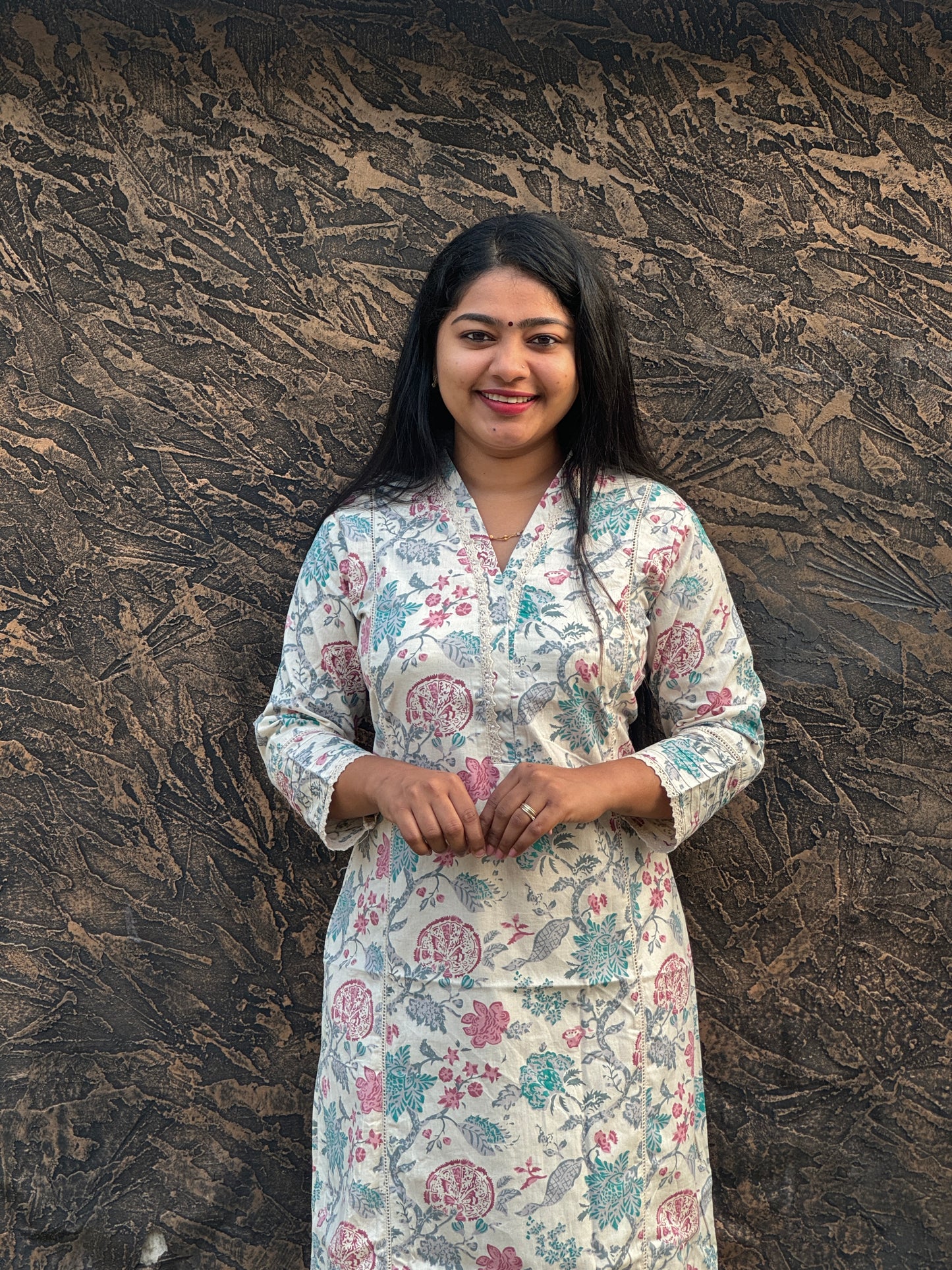 White Floral Khadi Cotton Kurta Top- A1024