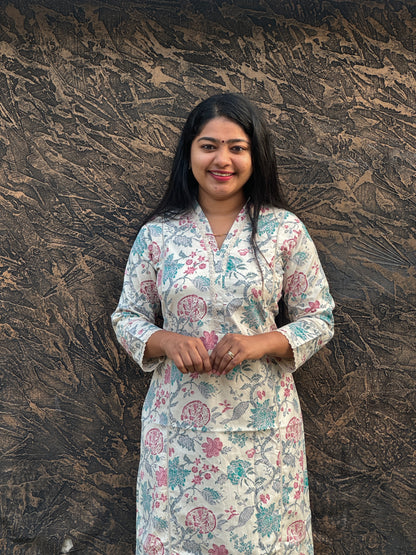 White Floral Khadi Cotton Kurta Top- A1024