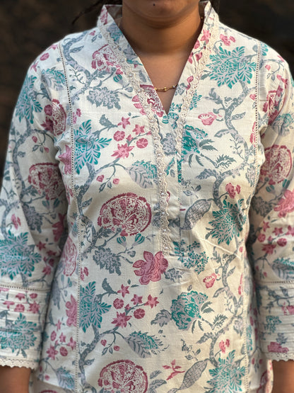 White Floral Khadi Cotton Kurta Top- A1024