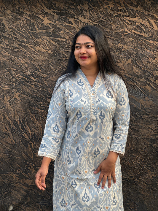 Pastel Blue Floral Khadi Cotton Kurta Top - A1024